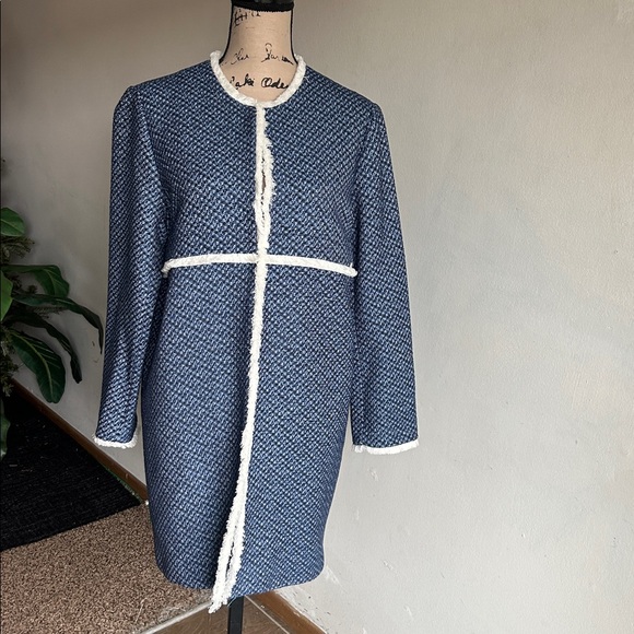 J. McLaughlin Tweed Fringe Trim Mid Length Jacket Coat Blue White Size Lg NWOT - Picture 9 of 12